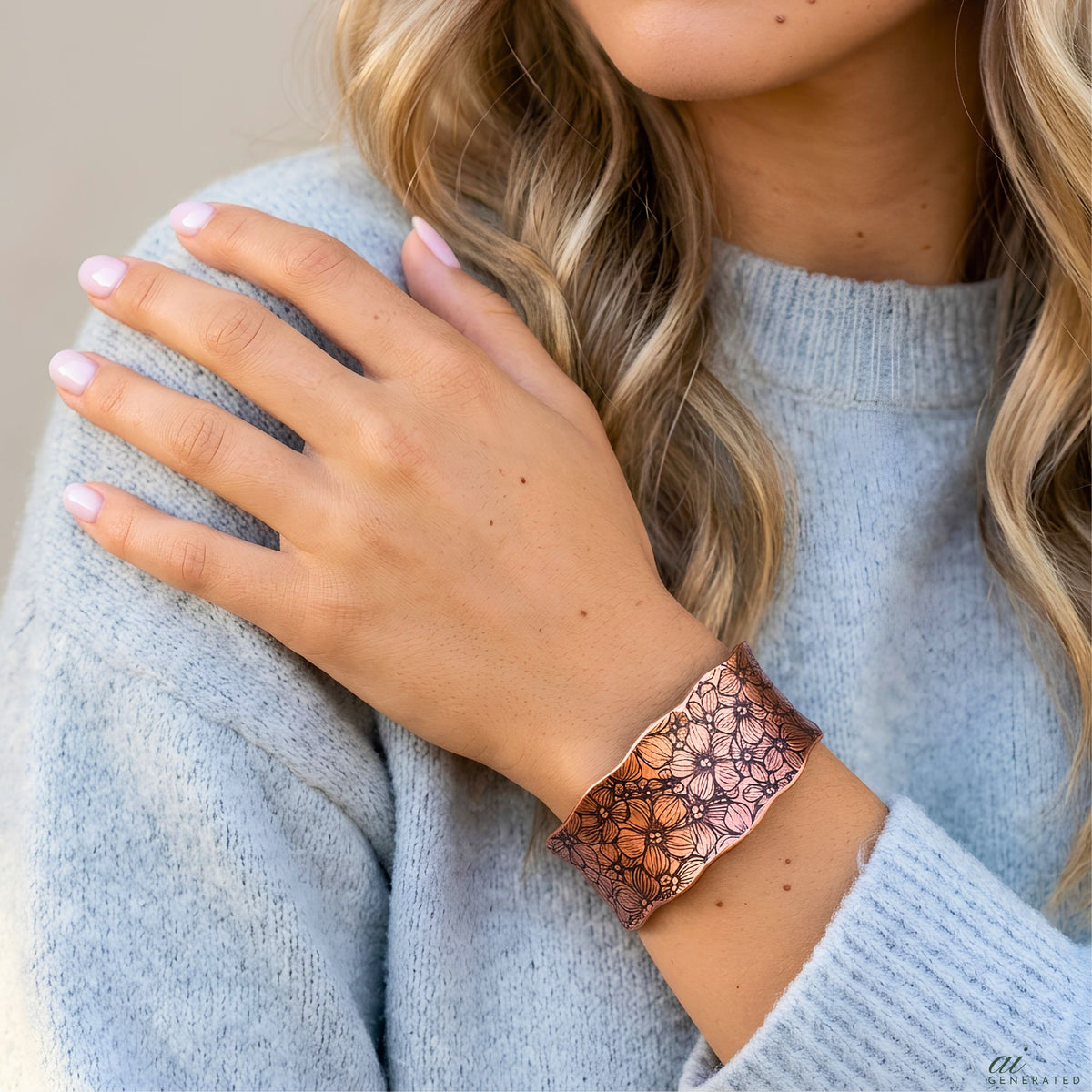 Flower Garden Copper Cuff Bracelet wide handmade