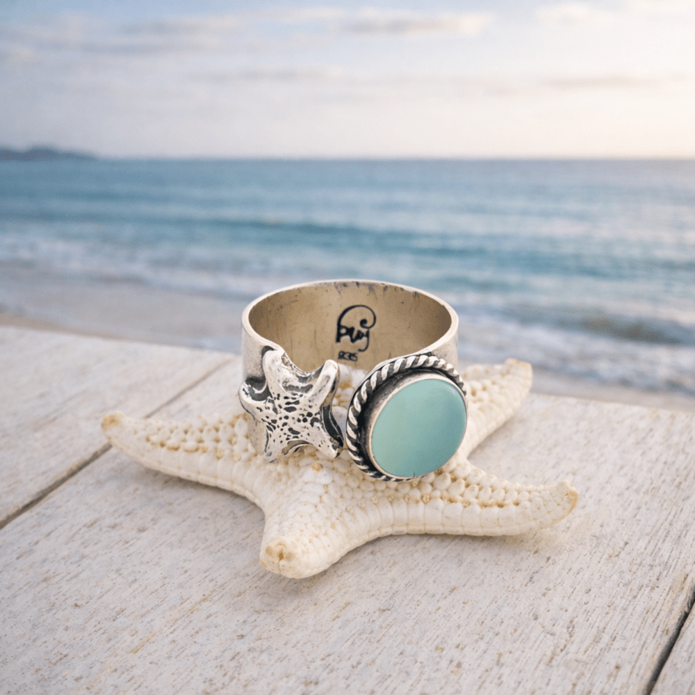 Adjustable Aqua Chalcedony Starfish Silver Ring -