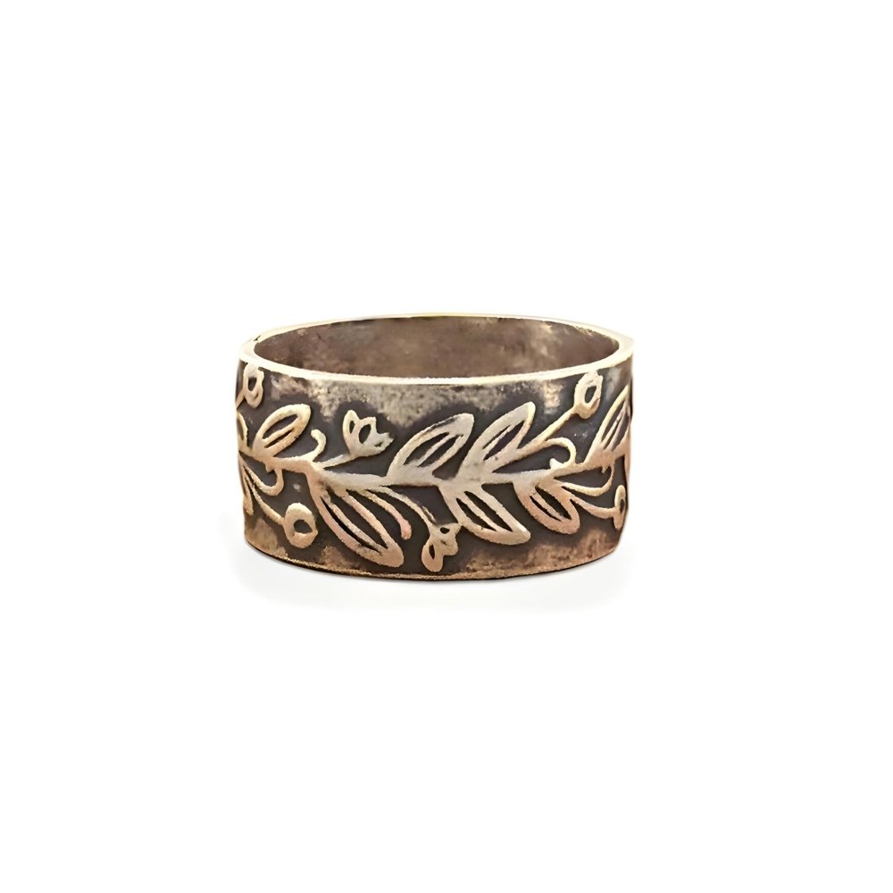 Budding Flowers And Leaves Silver Band Ring -