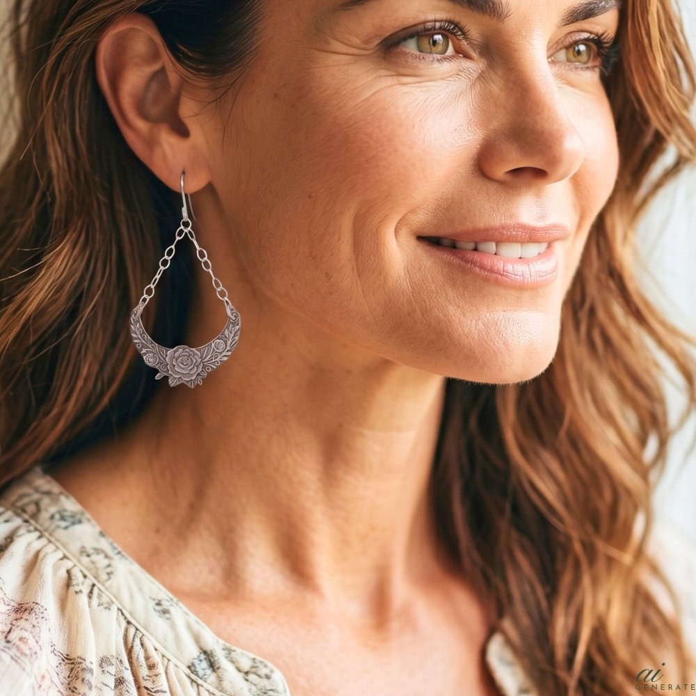 Crescent Moon Floral Silver Earrings – Handmade Dangle Lightweight Boho -