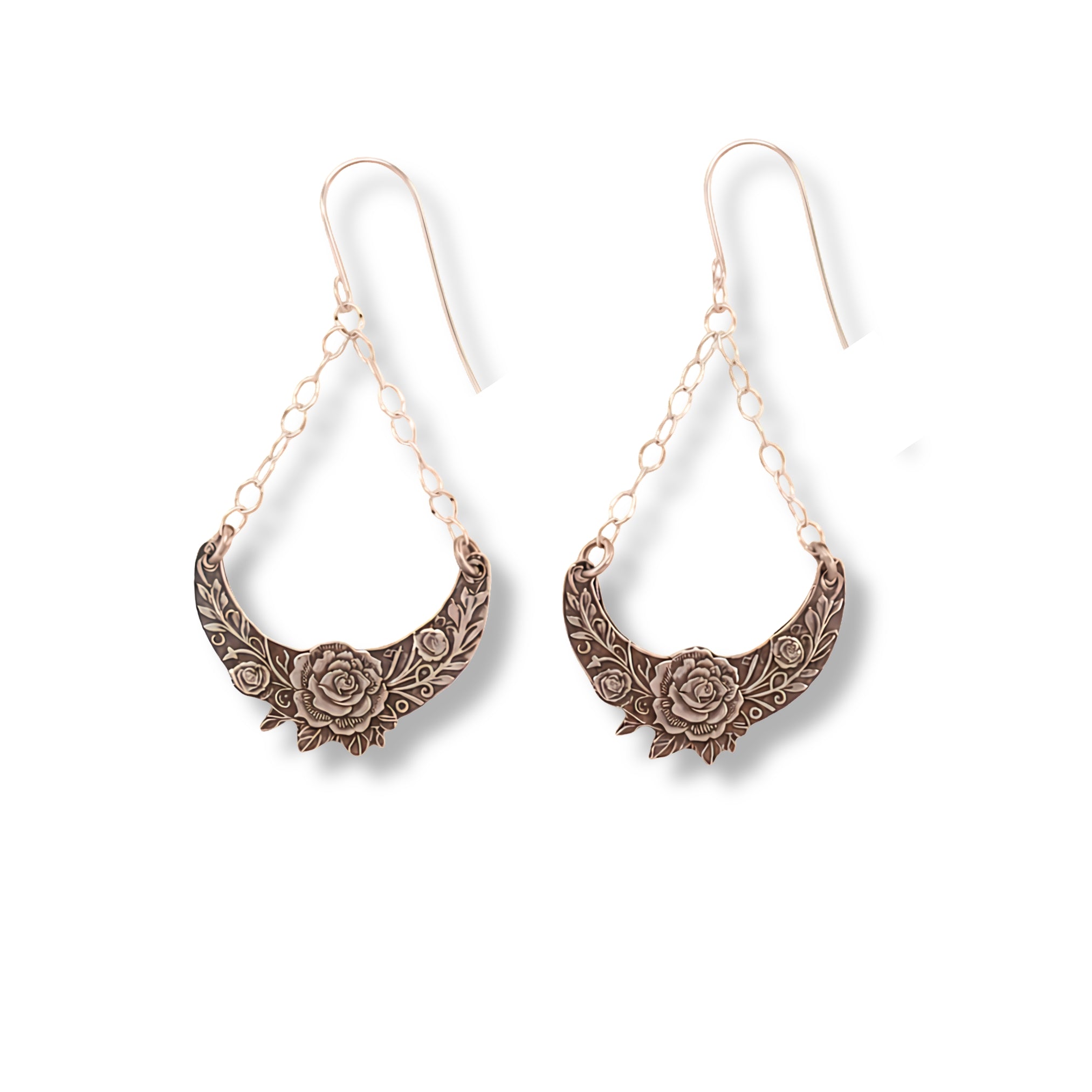 Crescent Moon Earrings Handmade Silver Jewelry Fine Silver Crescents Sterling Chain Lightweight Dangle Style Floral Rose Leaf Design Botanical Pattern Nature Inspired Celestial Accessories Boho Fashion Statement Argentium Ear Wires