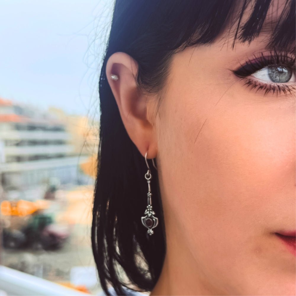 Delicate Silver Flower Garnet Earrings -