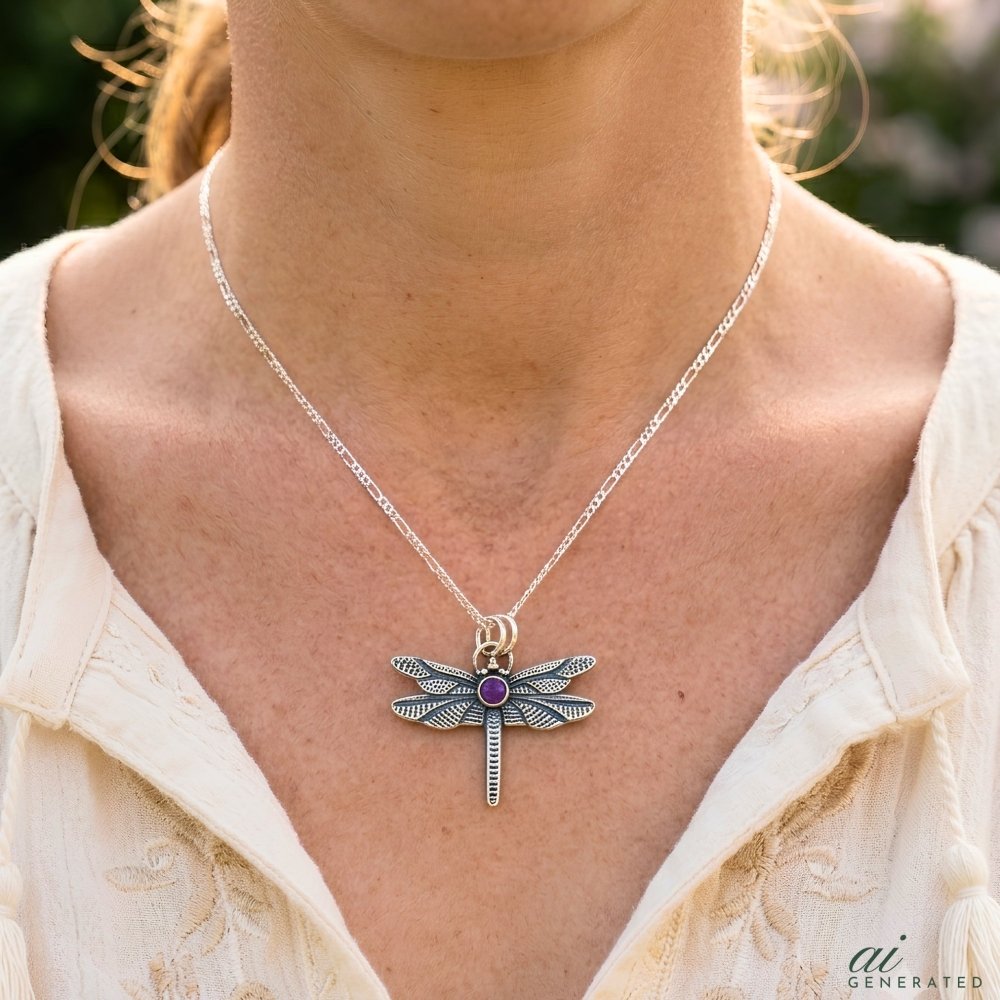 Dragonfly Amethyst Silver Pendant Necklace -