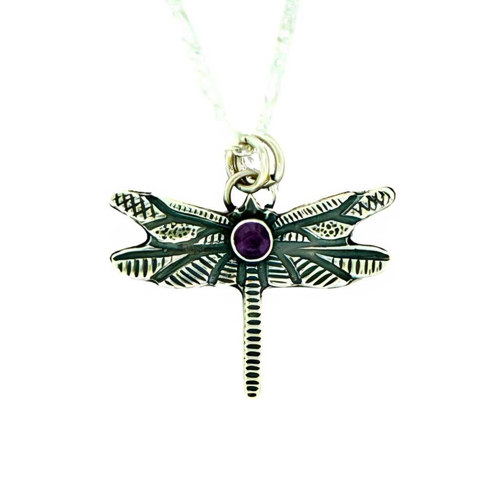 Dragonfly Amethyst Silver Pendant Necklace -