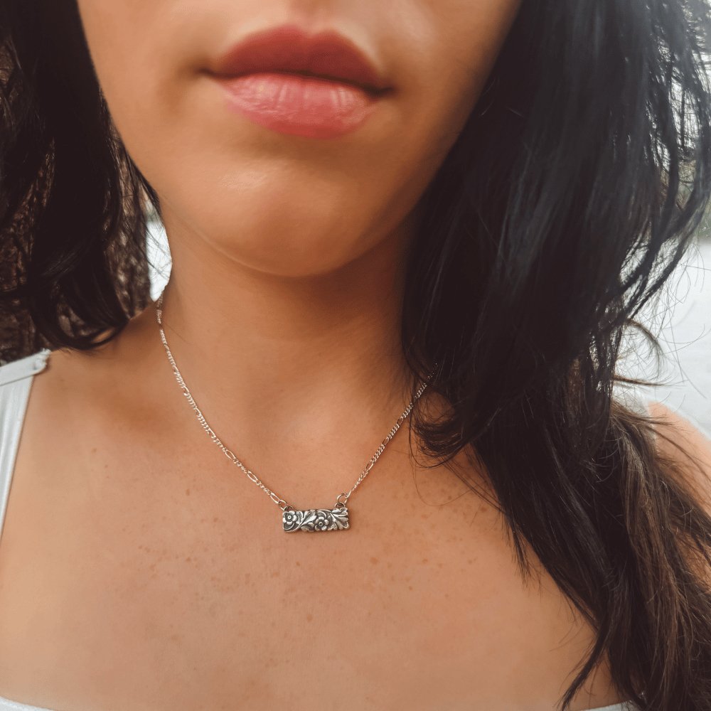 Flower and Leaf Silver Bar Necklace -