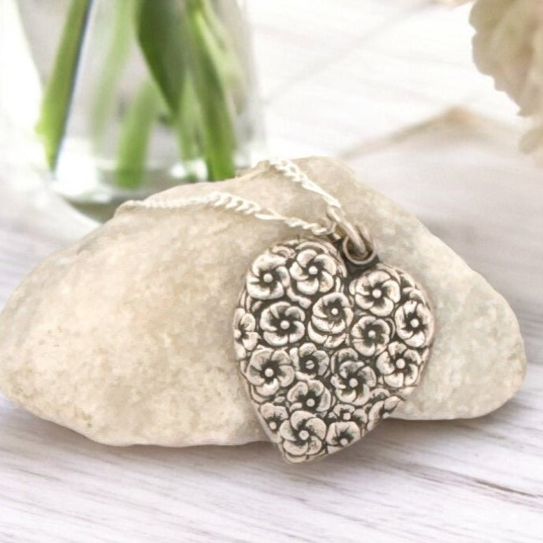 Flower Heart Silver Pendant Necklace -