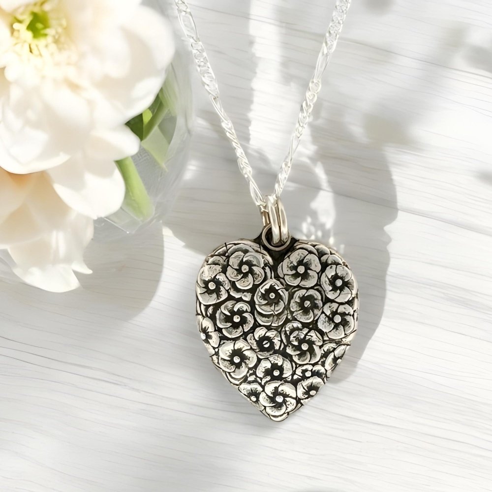 Flower Heart Silver Pendant Necklace -