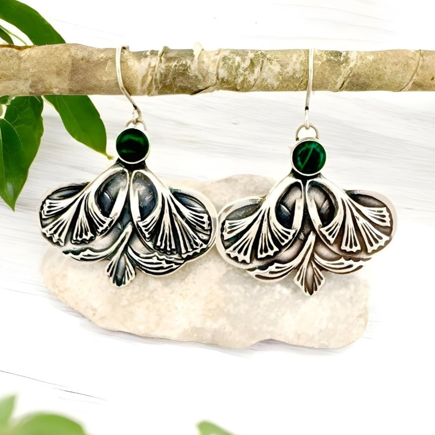 Gingko Leaf Malachite Silver Earrings -