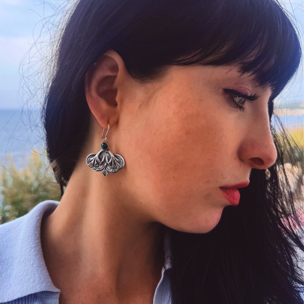 Gingko Leaf Malachite Silver Earrings -
