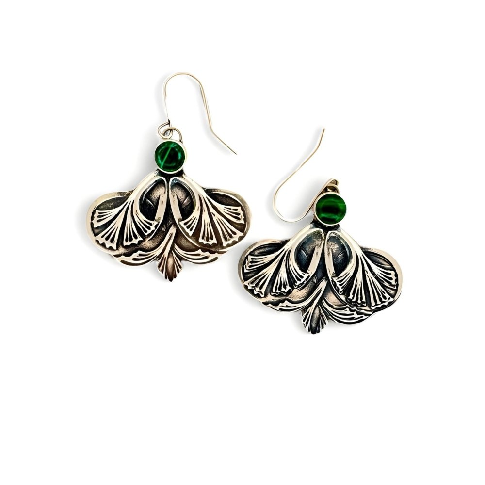 Ginkgo Leaf Malachite Silver Earrings -