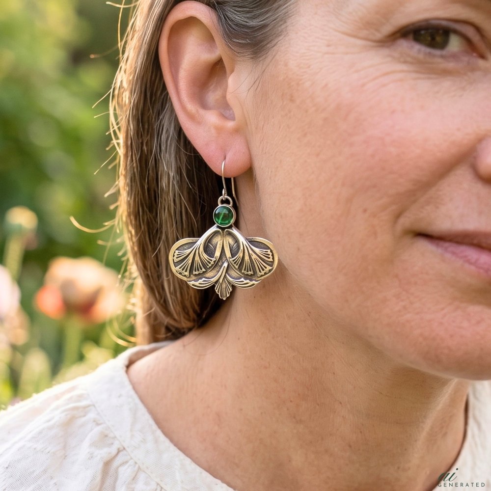 Ginkgo Leaf Malachite Silver Earrings -
