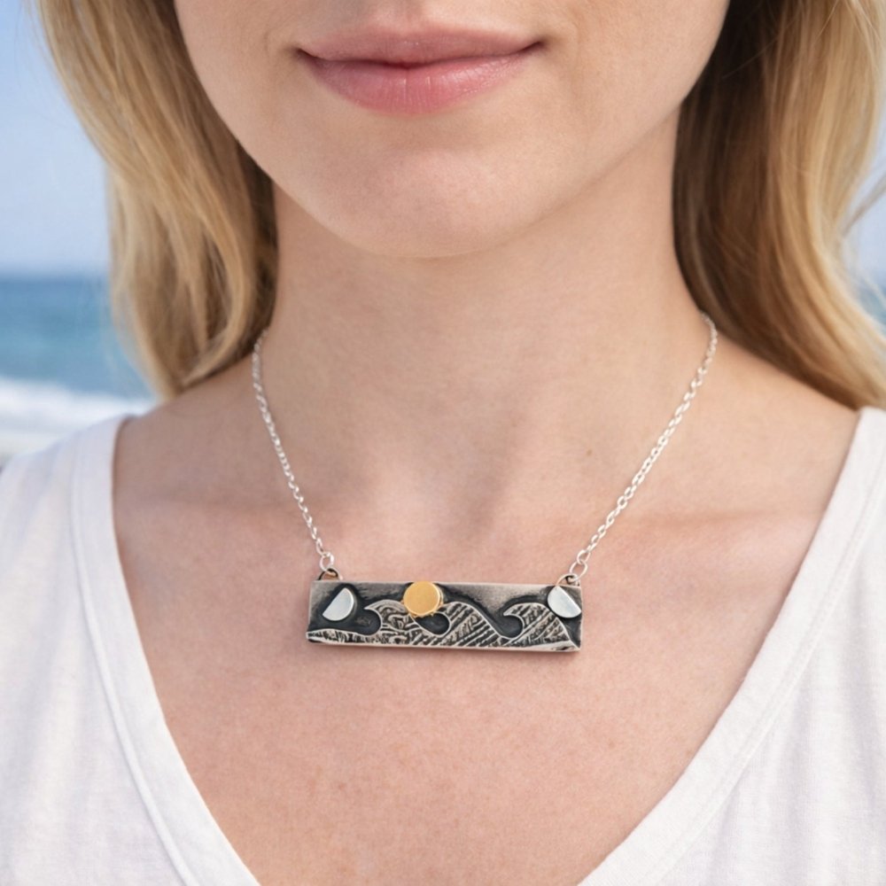 Gold Moon Rising Ocean Waves Silver Bar Necklace -