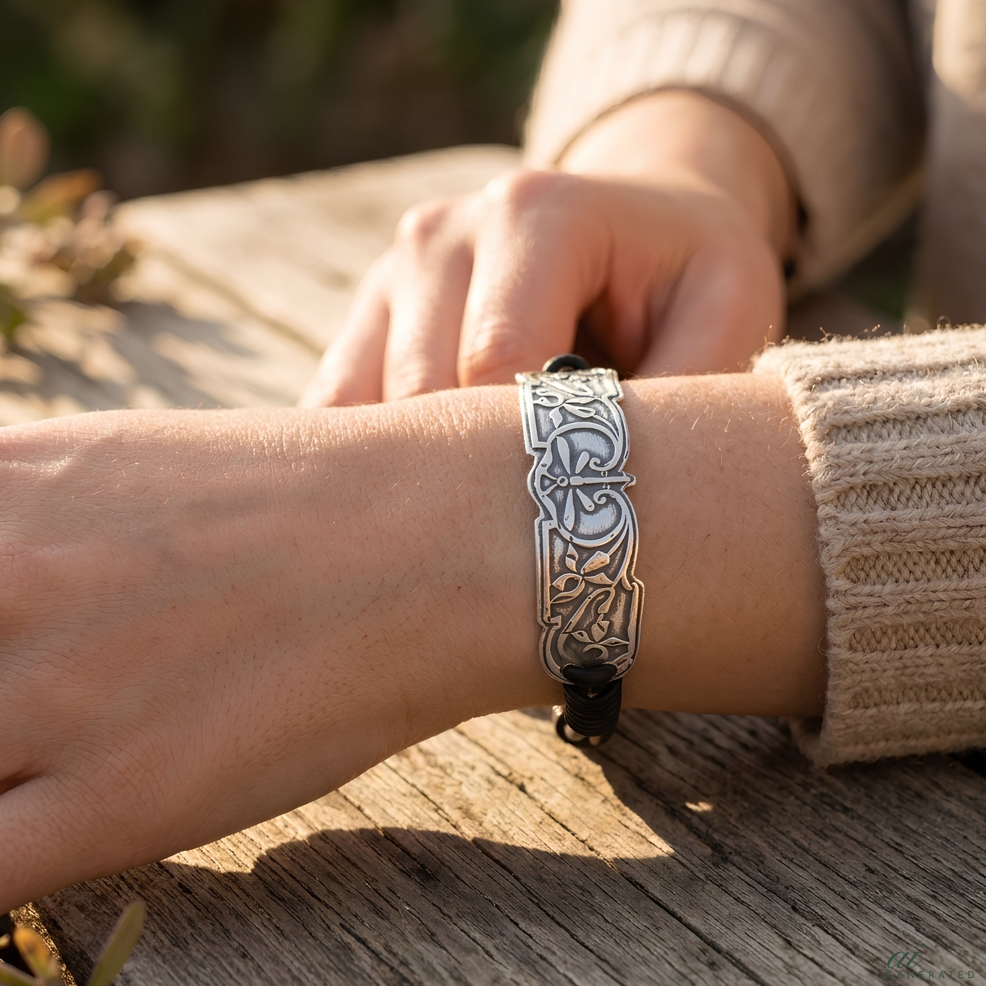 A close-up of a person's wrist wearing a silver-toned Celtic knot bracelet with a black cord, resting on a rustic wooden surface in warm natural light.