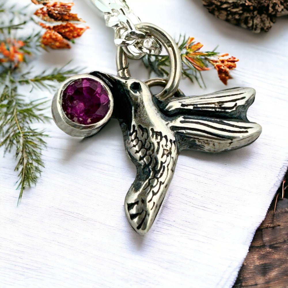 Hummingbird Garnet Silver Charm Necklace -
