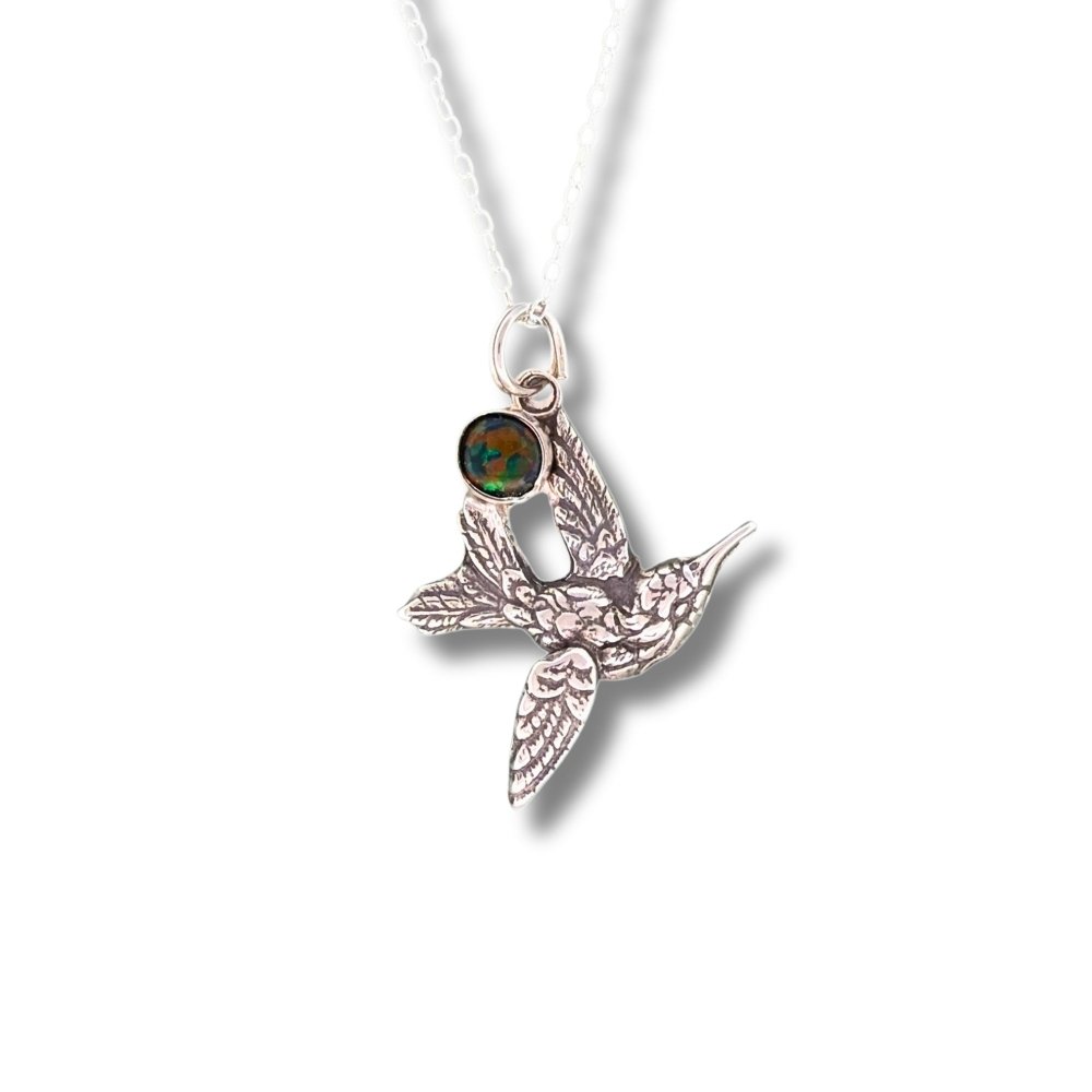 Hummingbird Necklace – Silver Black Opal Oxidized Pendant Necklace -