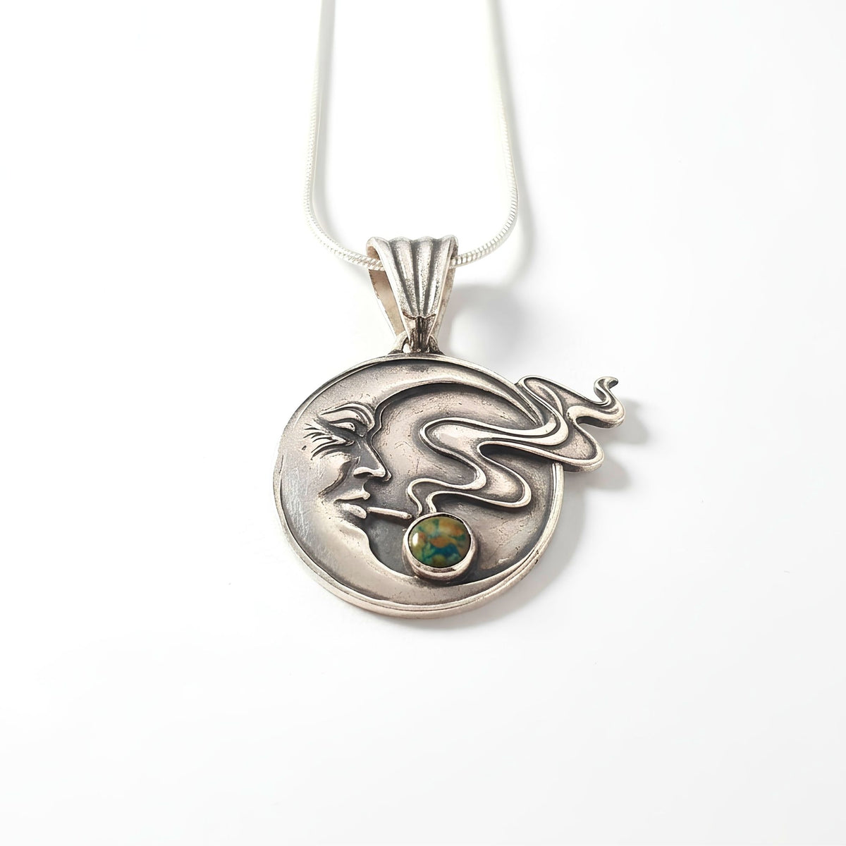Handmade Moon Face Necklace Fine Silver Crescent Design Celestial Jewelry Black Opal Gemstone Accent Artisan Crafted Pendant Bohemian Style Wind Blowing Detail Snake Chain Option Leather Cord Available Witchy Aesthetic Moon Goddess Gift