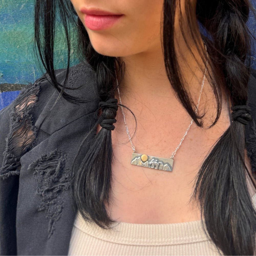 Mountain Bear Mixed Metal Silver and Gold Bar Necklace -