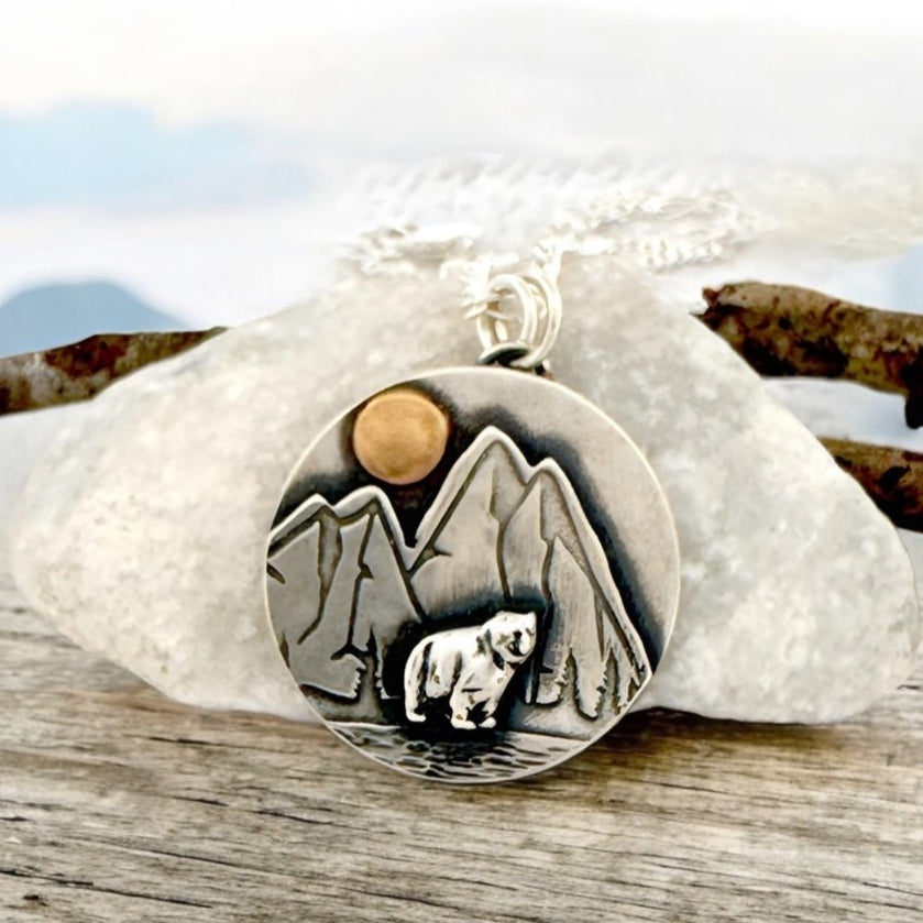 Mountain Bear Mixed metal silver gold pendant Necklace -