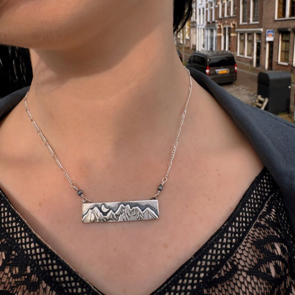 Mountain Quarter Moon Silver Bar Necklace -