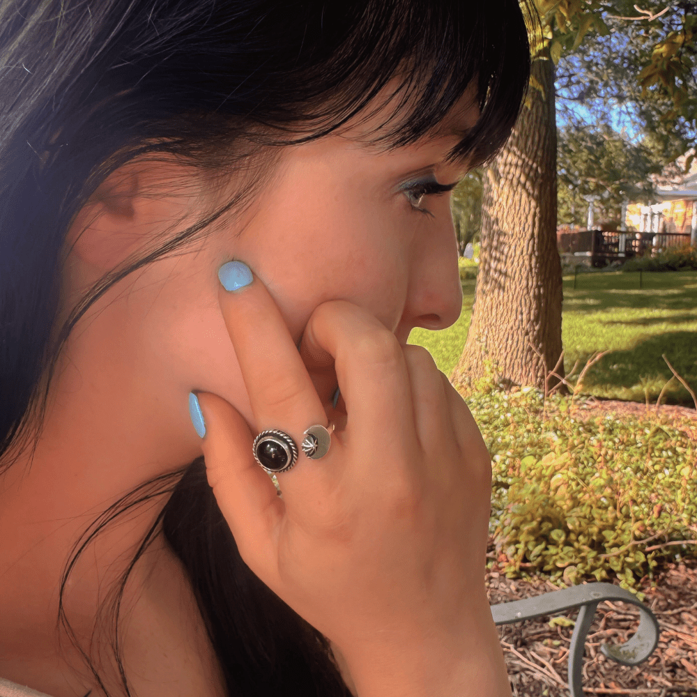 Onyx Moon Adjustable Silver Ring -