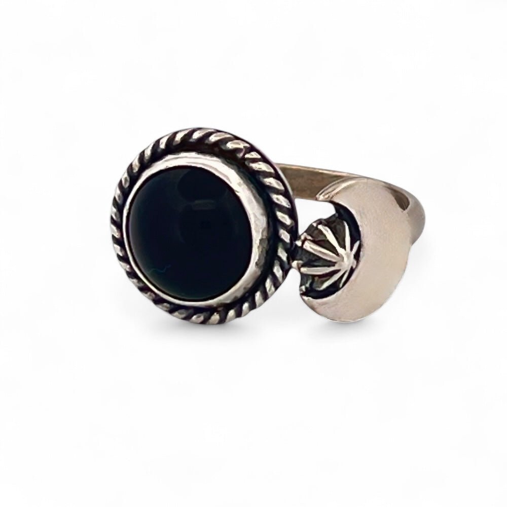 Onyx Moon Adjustable Silver Ring -