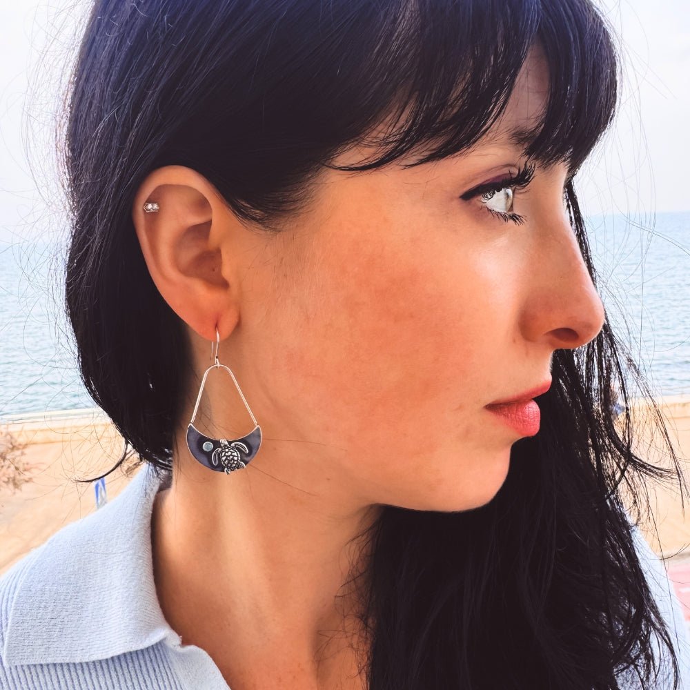 Sea Turtle Aquamarine Silver Earrings -