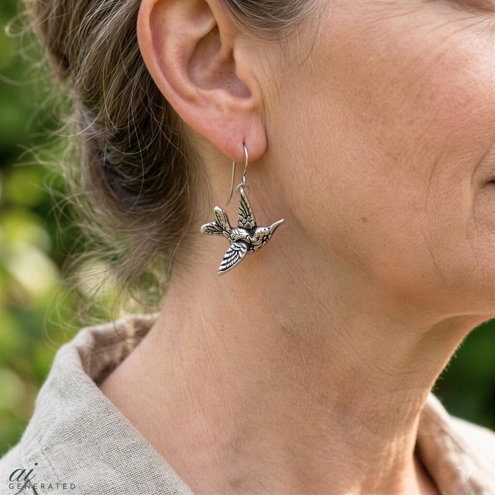 Silver Hummingbird Earrings – Vintage Dangle Design Bird Lover Gift -