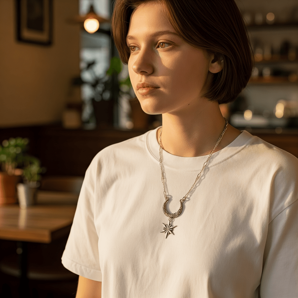 Silver Starlit Crescent Moon Necklace -