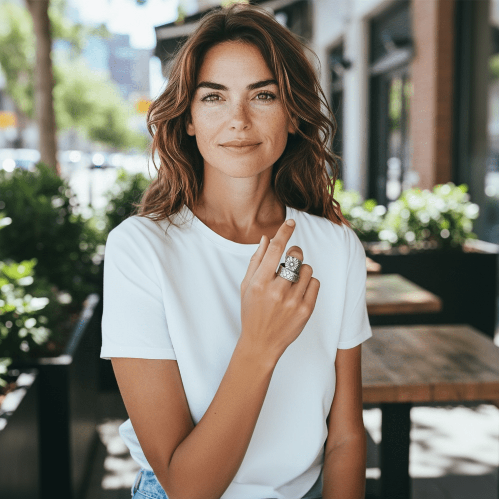 Silver Sunflower Adjustable Wrap Ring -