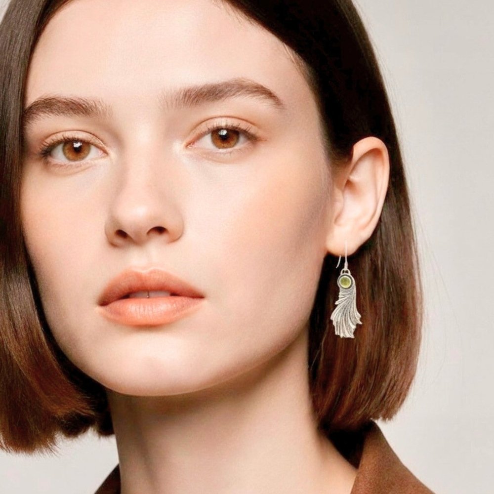 Silver Windblown Leaf Earrings -