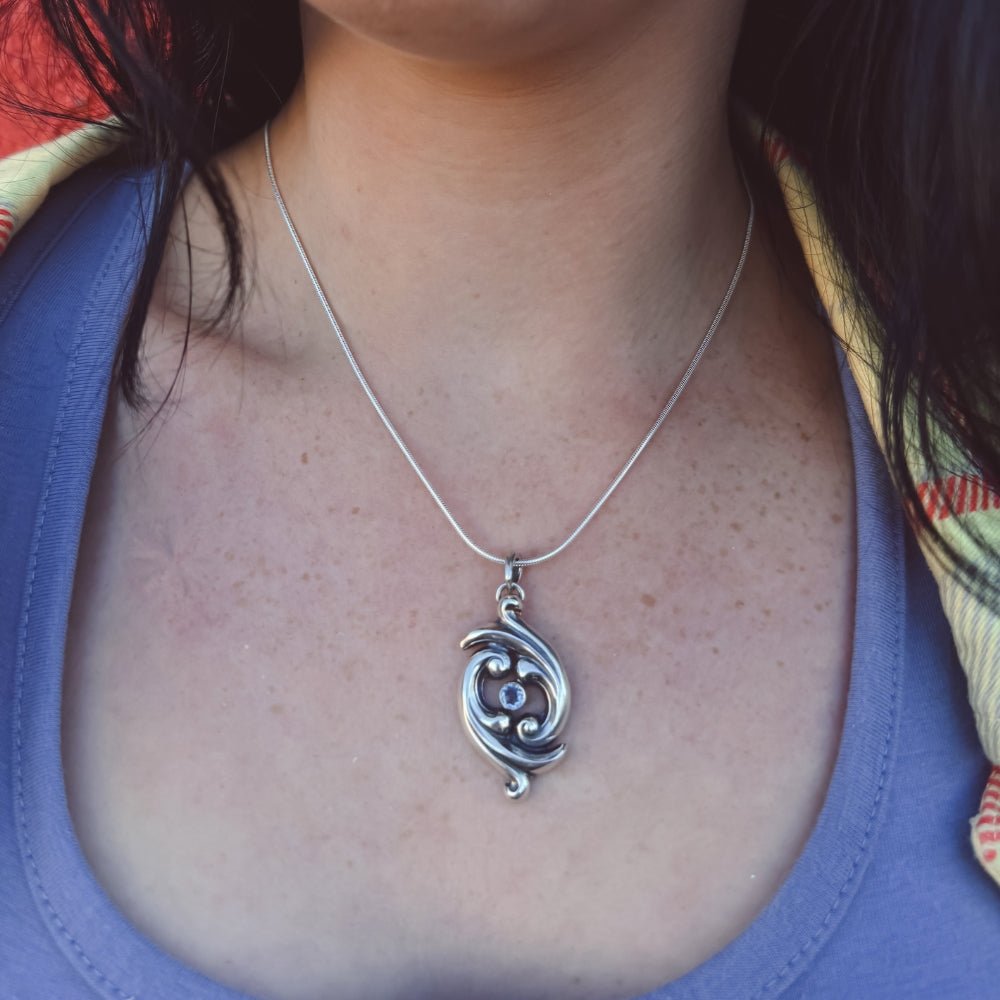 Swirling Ocean Waves Aquamarine Silver Pendant Necklace -