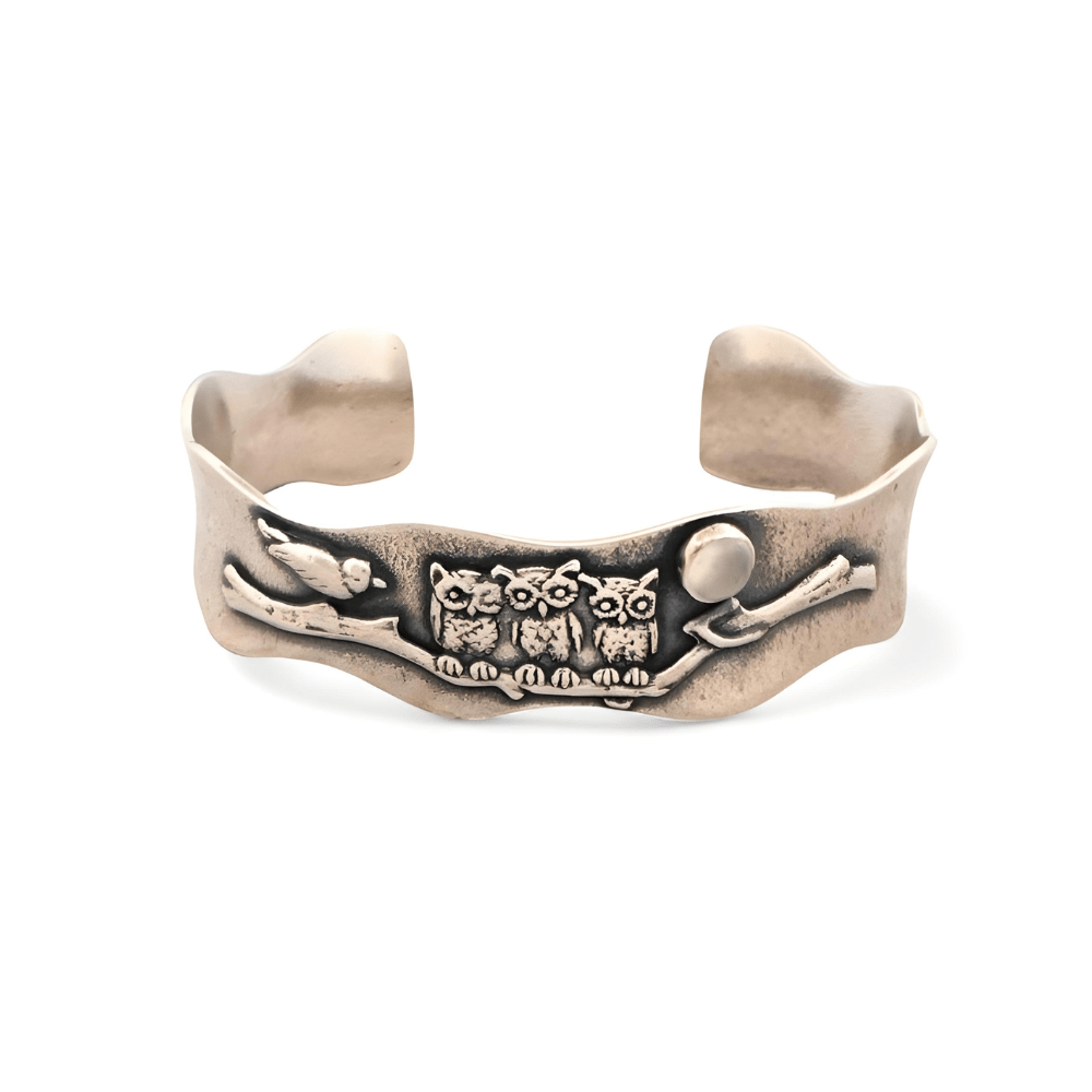 Three Wise Owls Silver Cuff Bracelet -