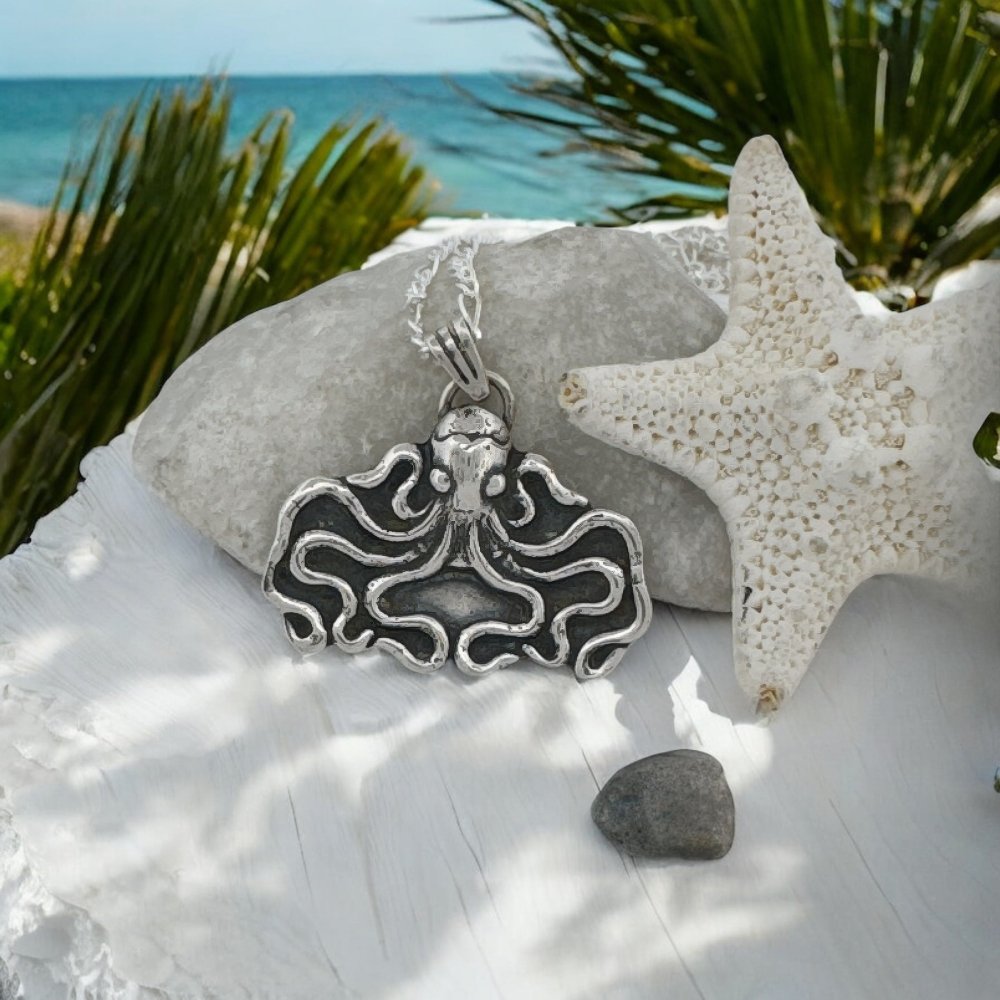 Whimsical Octopus Silver Pendant Necklace -