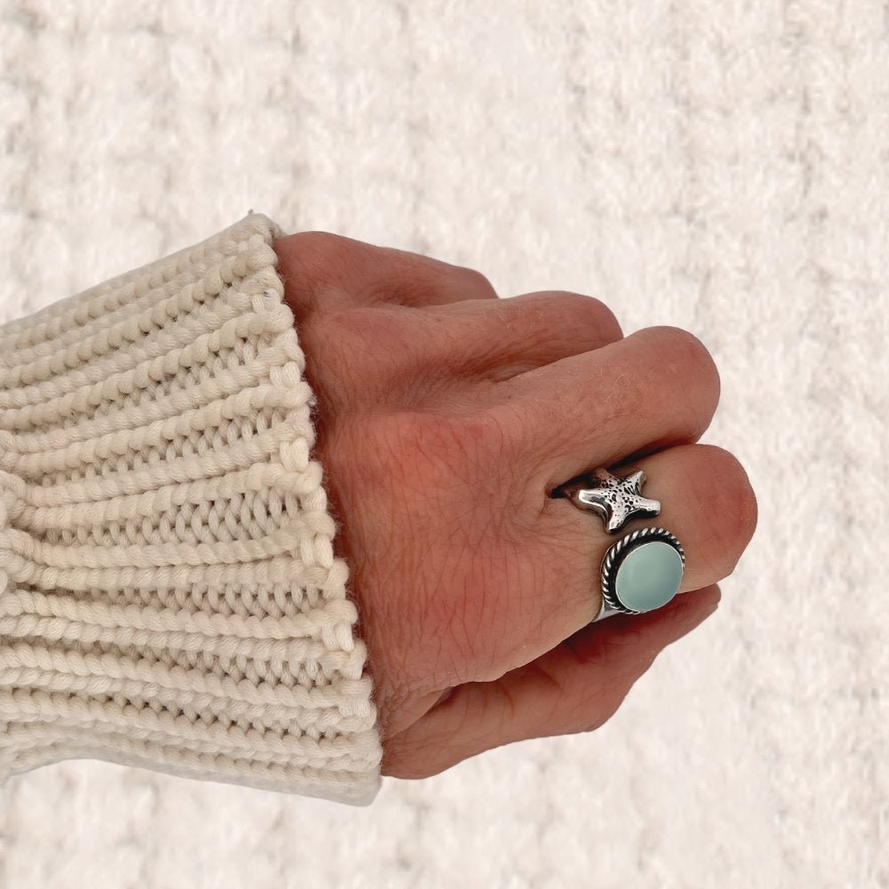Adjustable Aqua Chalcedony Starfish Silver Wrap Ring -