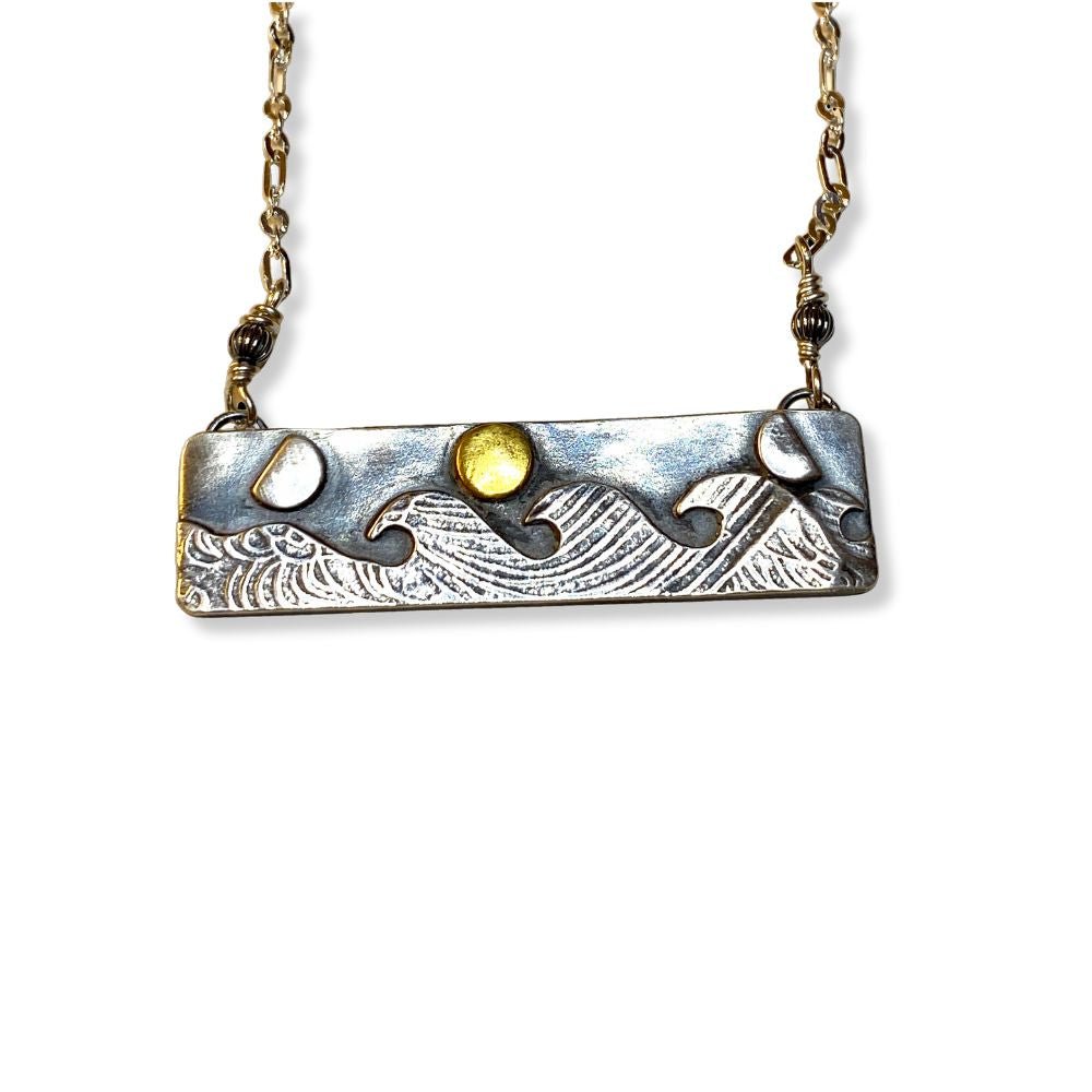 Gold Moon Rising Ocean Waves Silver Bar Necklace -