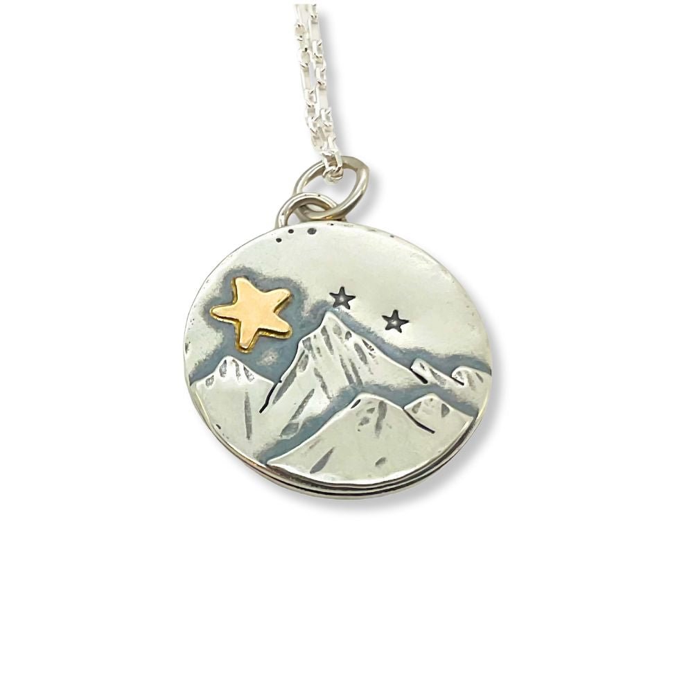 Gold Star Round Mountain Silver Pendant Necklace -