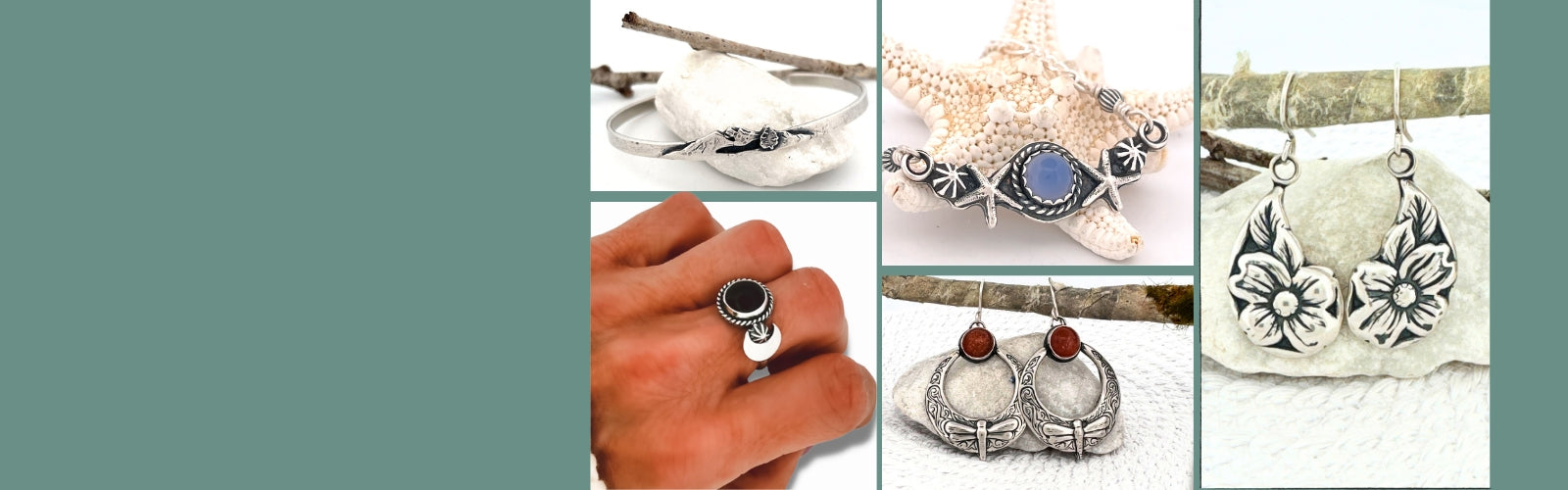 silver and gemstone earrings, necklace and ring and braceletr
