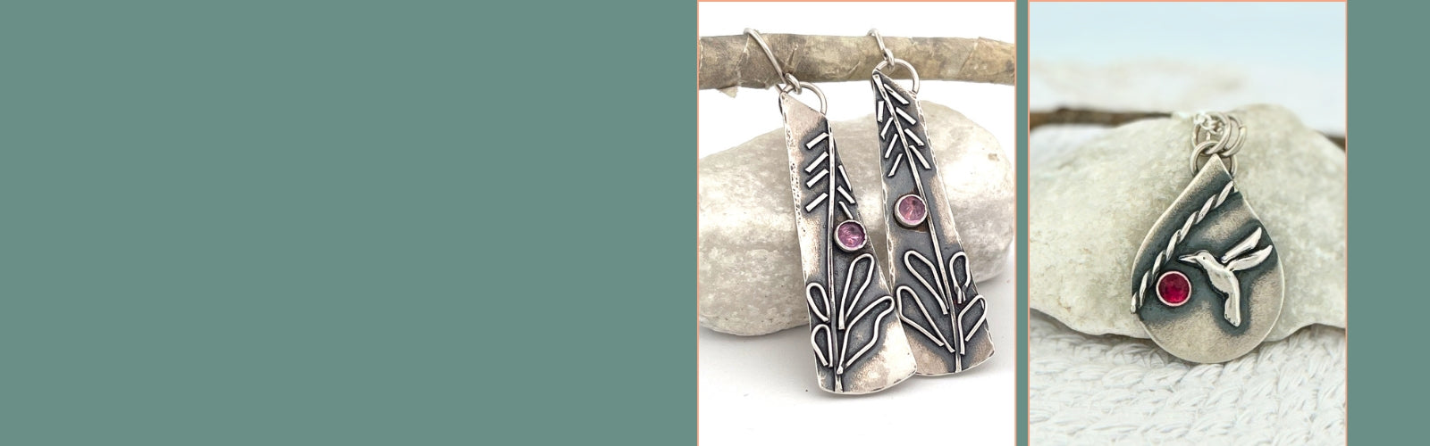 fireweed silver earrings and hummingbird silver necklace