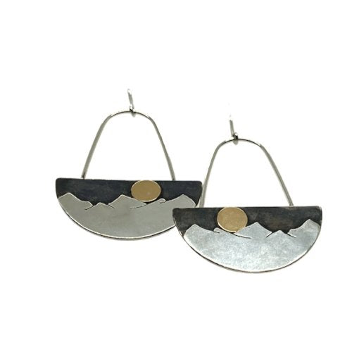 Modern Mountain and Gold Moon Silver Earrings