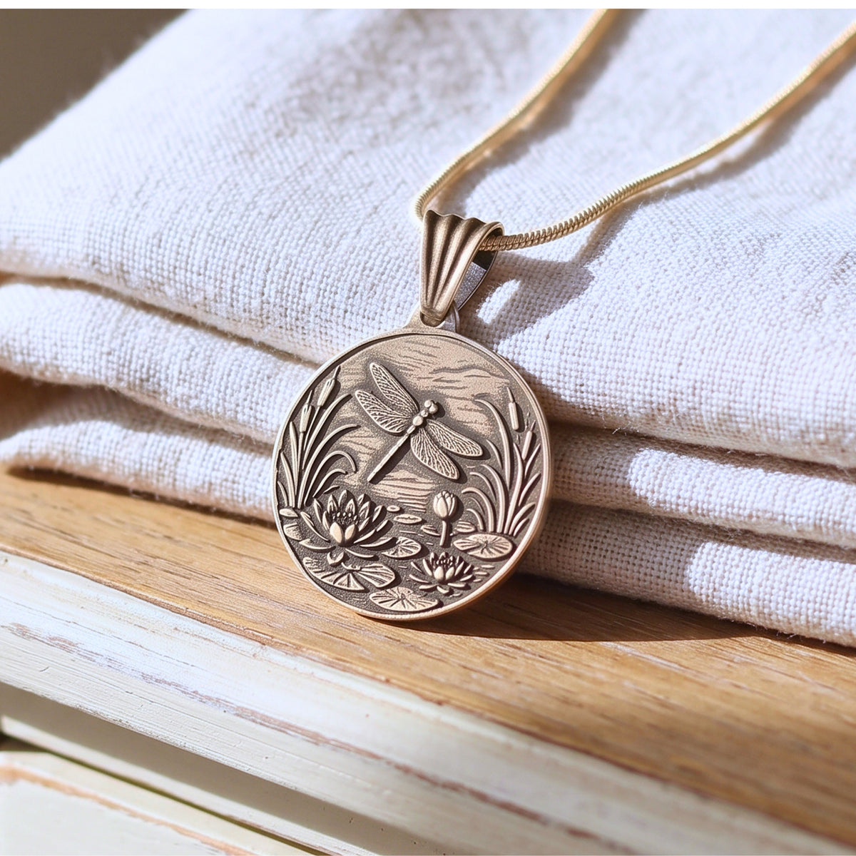 Artisan Dragonfly Jewelry Handmade Fine Silver Pendant Lotus Flower Design Nature Inspired Necklace One Inch Round Medallion Black Leather Cord Sterling Silver Chain Tigers Eye Beads Bohemian Style Accessory Spiritual Symbol Gift Elegant