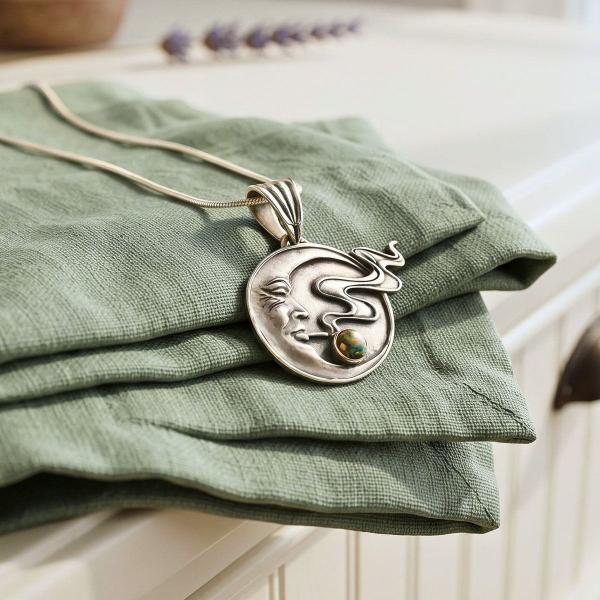 Handmade Moon Face Necklace Fine Silver Crescent Design Celestial Jewelry Black Opal Gemstone Accent Artisan Crafted Pendant Bohemian Style Wind Blowing Detail Snake Chain Option Leather Cord Available Witchy Aesthetic Moon Goddess Gift
