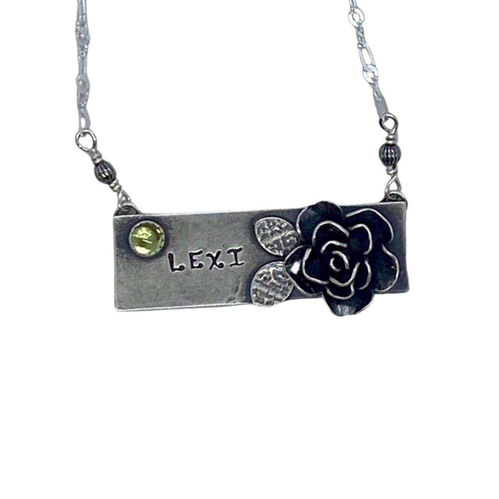 Custom name and rose silver bar necklace with peridot