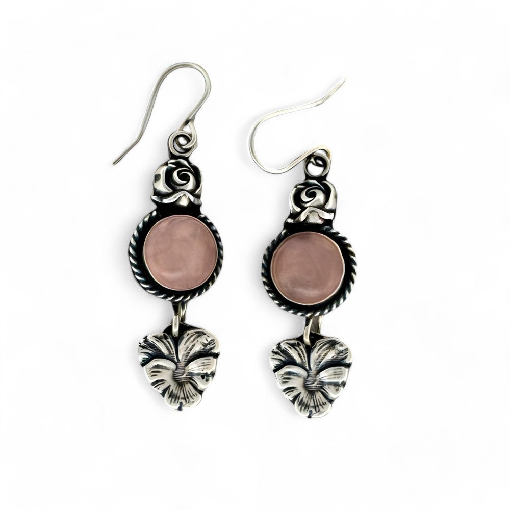 Rose Quartz Flower Silver Earrings - 