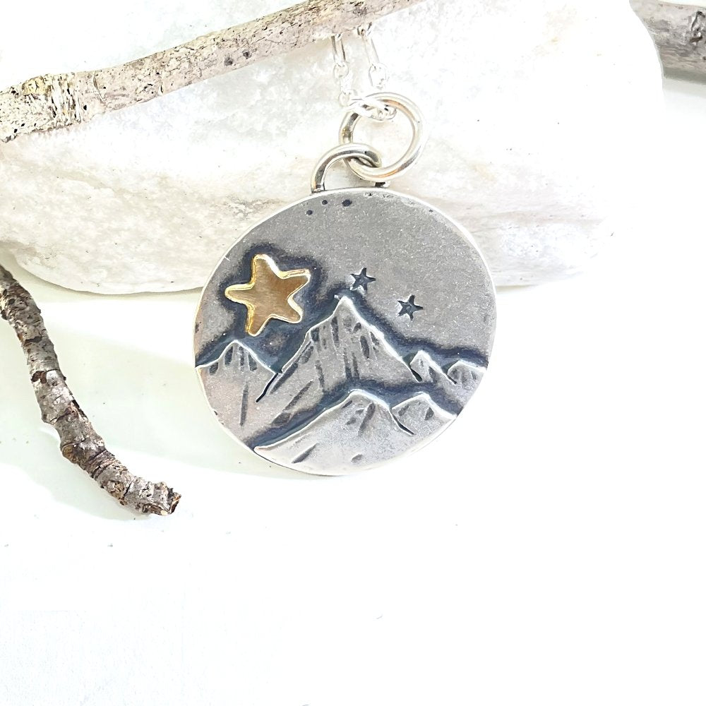 Silver and gold mountain star pendant necklace