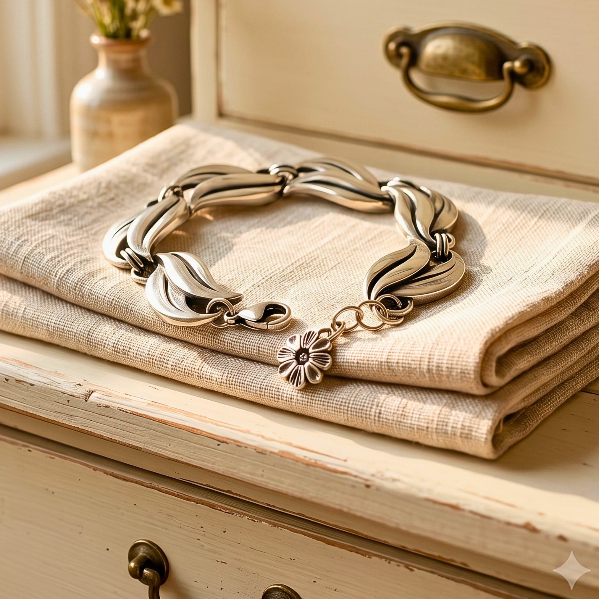 A silver-toned twisted-link bracelet with a small flower charm, displayed on a folded beige linen cloth atop a distressed cream-colored wooden chest.