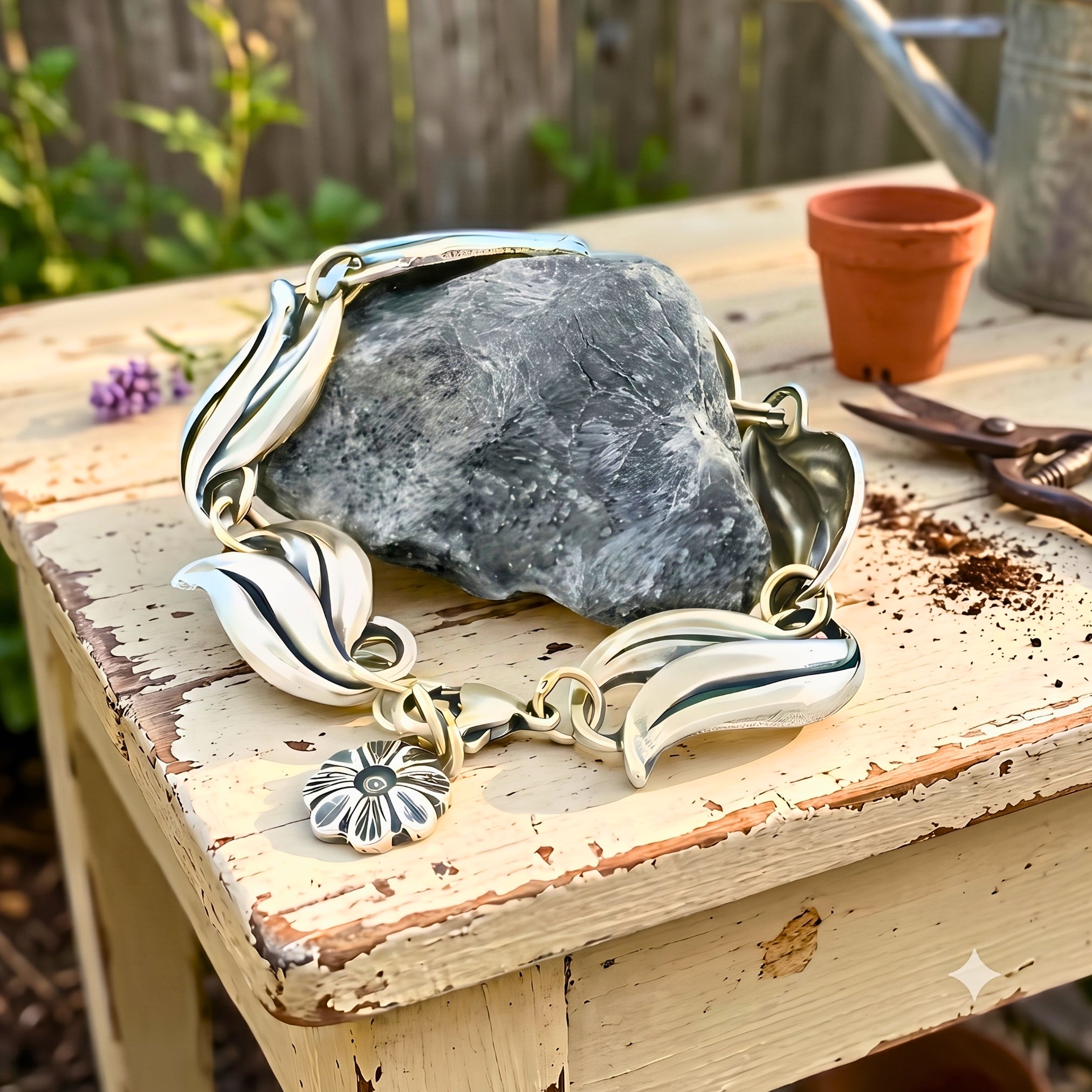 A silver-toned leaf and flower charm bracelet displayed on a rustic white wooden table outdoors, with a dark stone prop underneath and gardening tools nearby.