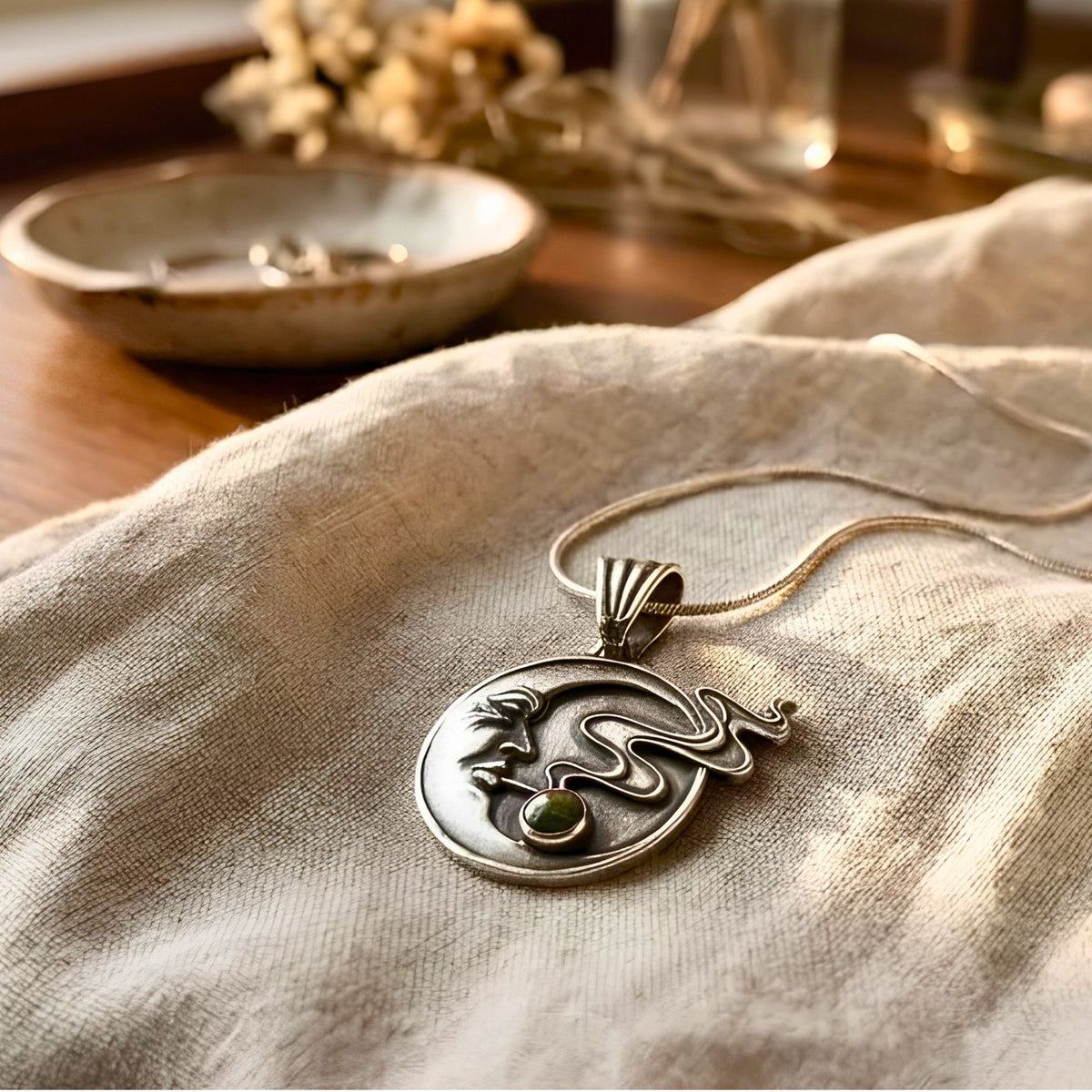 Handmade Moon Face Necklace Fine Silver Crescent Design Celestial Jewelry Black Opal Gemstone Accent Artisan Crafted Pendant Bohemian Style Wind Blowing Detail Snake Chain Option Leather Cord Available Witchy Aesthetic Moon Goddess Gift