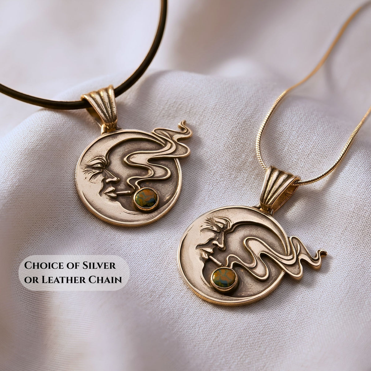 Handmade Moon Face Necklace Fine Silver Crescent Design Celestial Jewelry Black Opal Gemstone Accent Artisan Crafted Pendant Bohemian Style Wind Blowing Detail Snake Chain Option Leather Cord Available Witchy Aesthetic Moon Goddess Gift