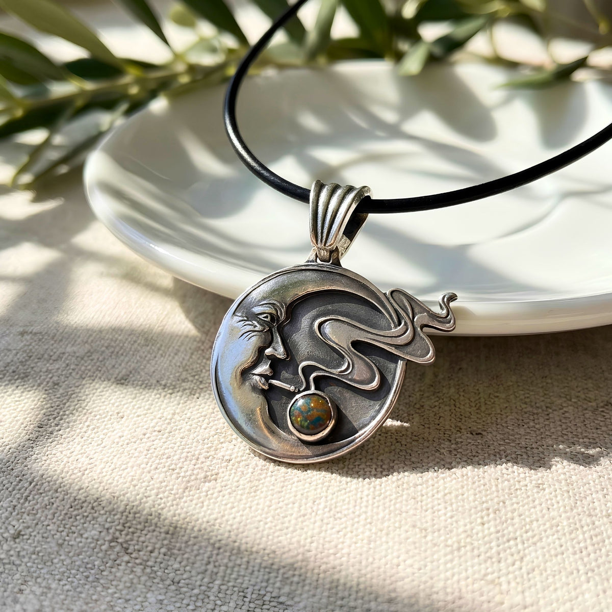 Handmade Moon Face Necklace Fine Silver Crescent Design Celestial Jewelry Black Opal Gemstone Accent Artisan Crafted Pendant Bohemian Style Wind Blowing Detail Snake Chain Option Leather Cord Available Witchy Aesthetic Moon Goddess Gift