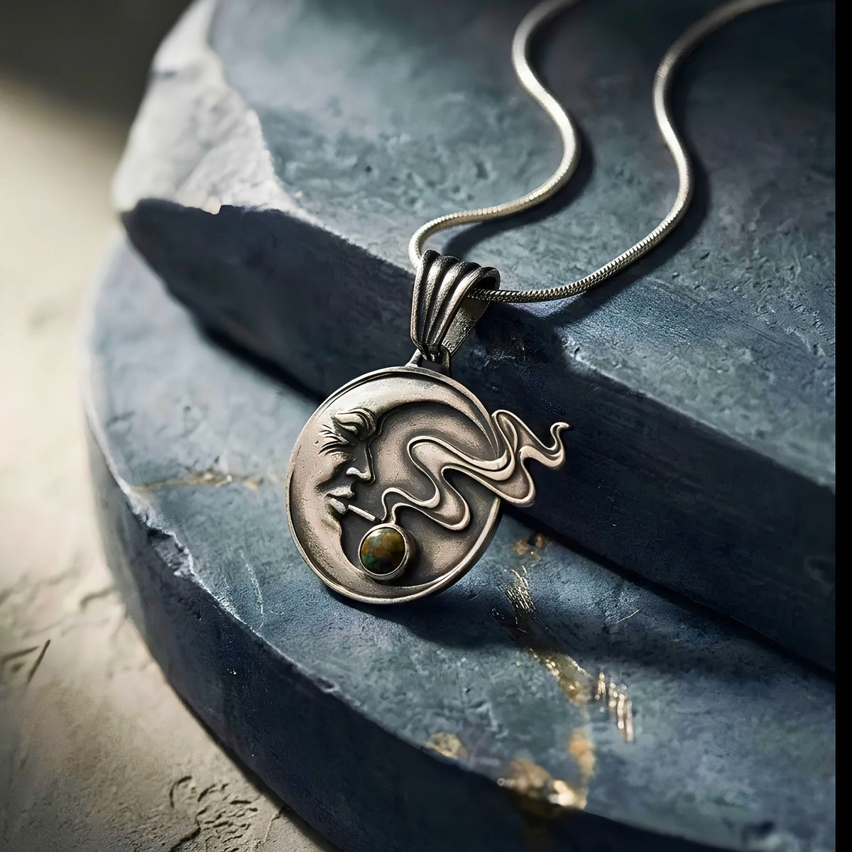 Handmade Moon Face Necklace Fine Silver Crescent Design Celestial Jewelry Black Opal Gemstone Accent Artisan Crafted Pendant Bohemian Style Wind Blowing Detail Snake Chain Option Leather Cord Available Witchy Aesthetic Moon Goddess Gift